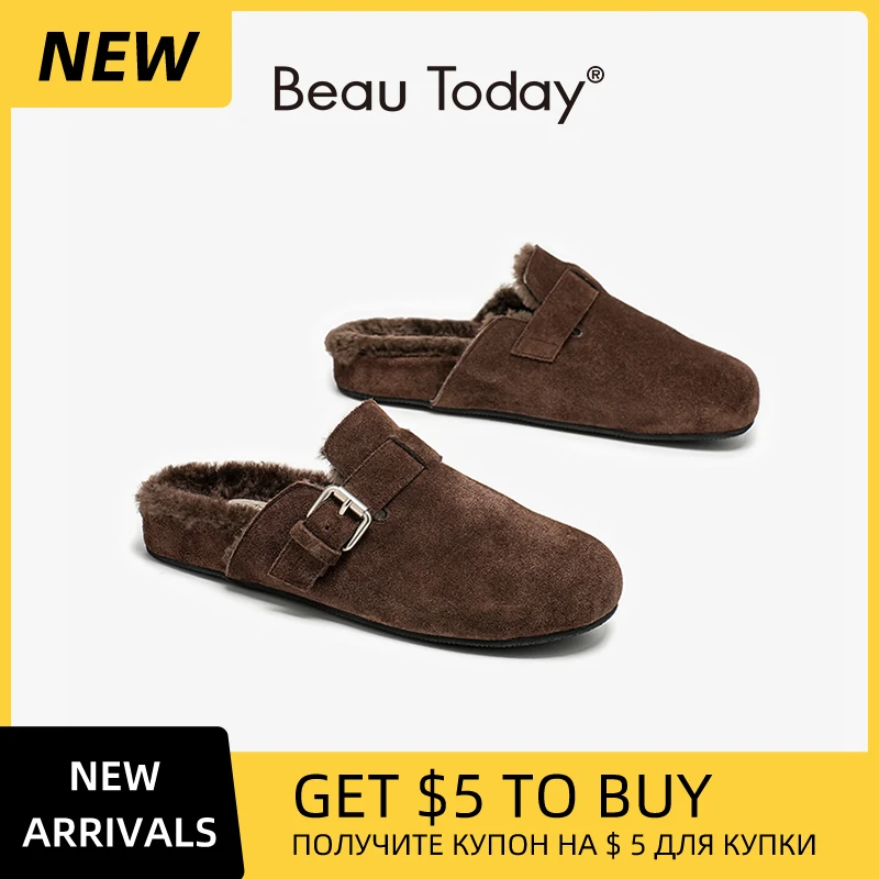 BEAUTODAY Casual Flats Women Cow Suede Leather Mule Round Toe Sliver Buckle Winter Ladies Wool Slipper Handmade 37087