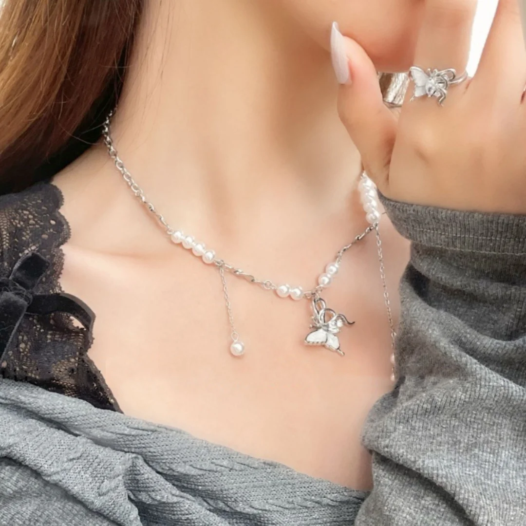 

DUTRIEUX Butterfly Pearl Irregular Tassel Necklace Ring Earrings Set Women's Exquisite Sweet Cool Y2K Style Lockbone Chain Gifts