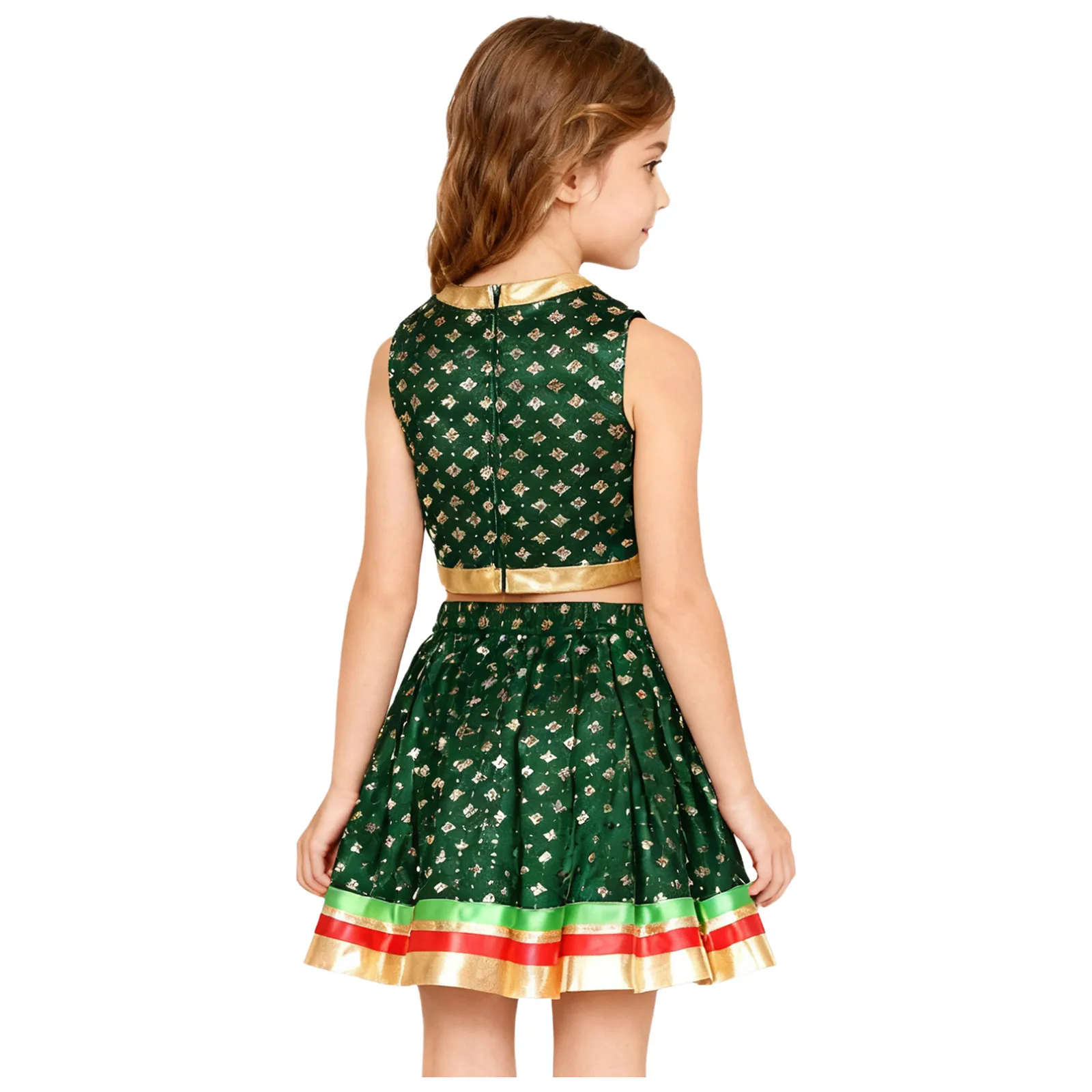 Ragazze India Lehenga Choli Vestito da ballo Satiny Broccato Cerniera Canotta corta e gonna con orlo a righe Costume da principessa indiana