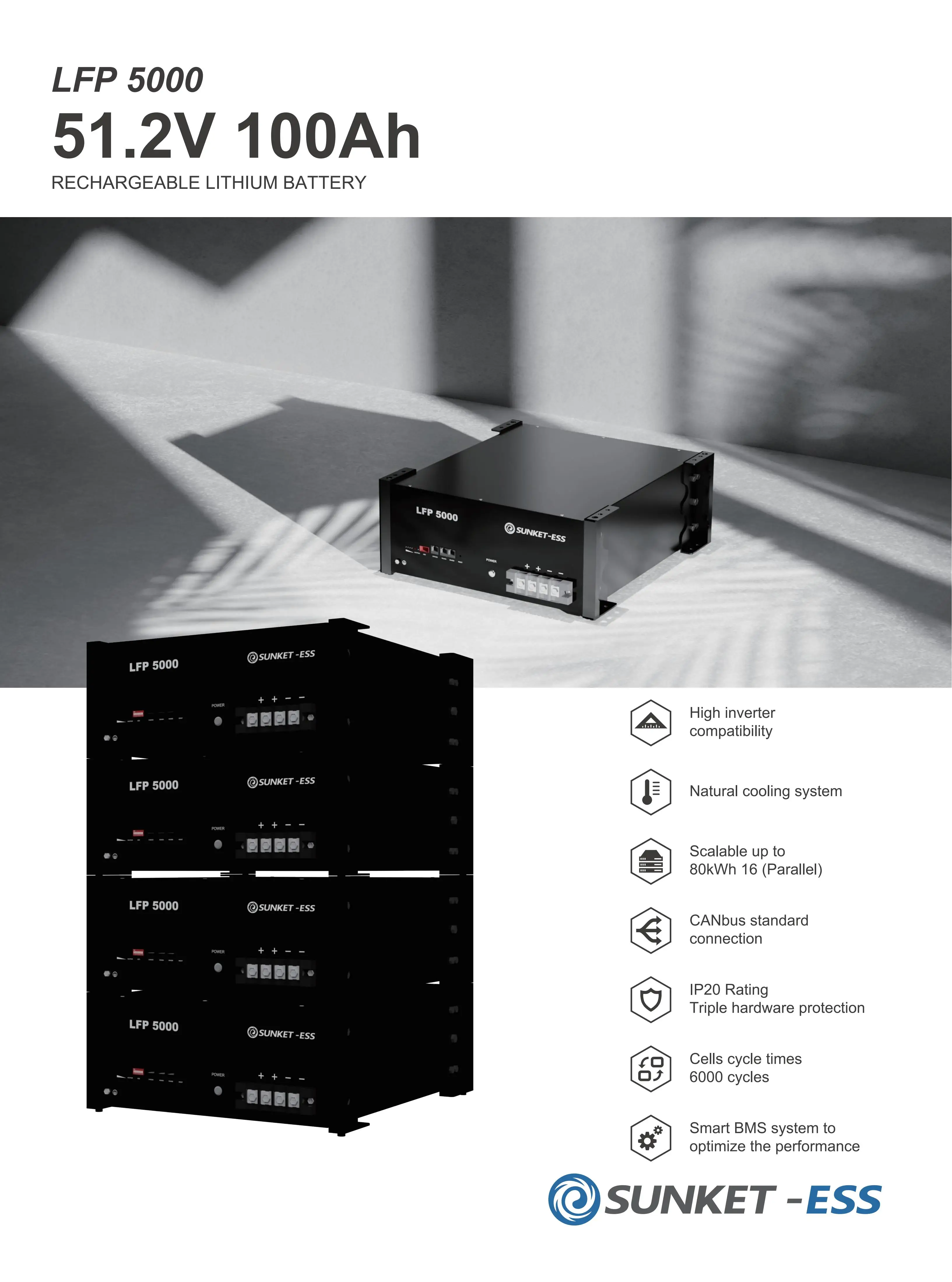 Sunket Best Design 51.2V 100Ah LiFePO4 Stackable 5 kW Solar Lithium Battery Storage System LFP 5000 Model