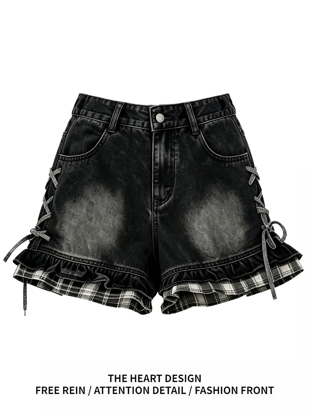

High Waist Wide Leg Denim Shorts Knot Design Wood Grain Slimming Summer New Style Retro Washed Casual Wear