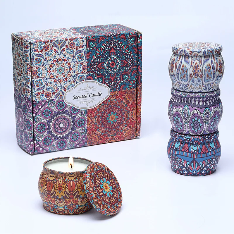 

1 Set of 4 Cans of Aromatherapy Candles Ethnic Patterns Soy Wax Holiday Candles Gift Box Candle Set Portable Travel Tin Candle