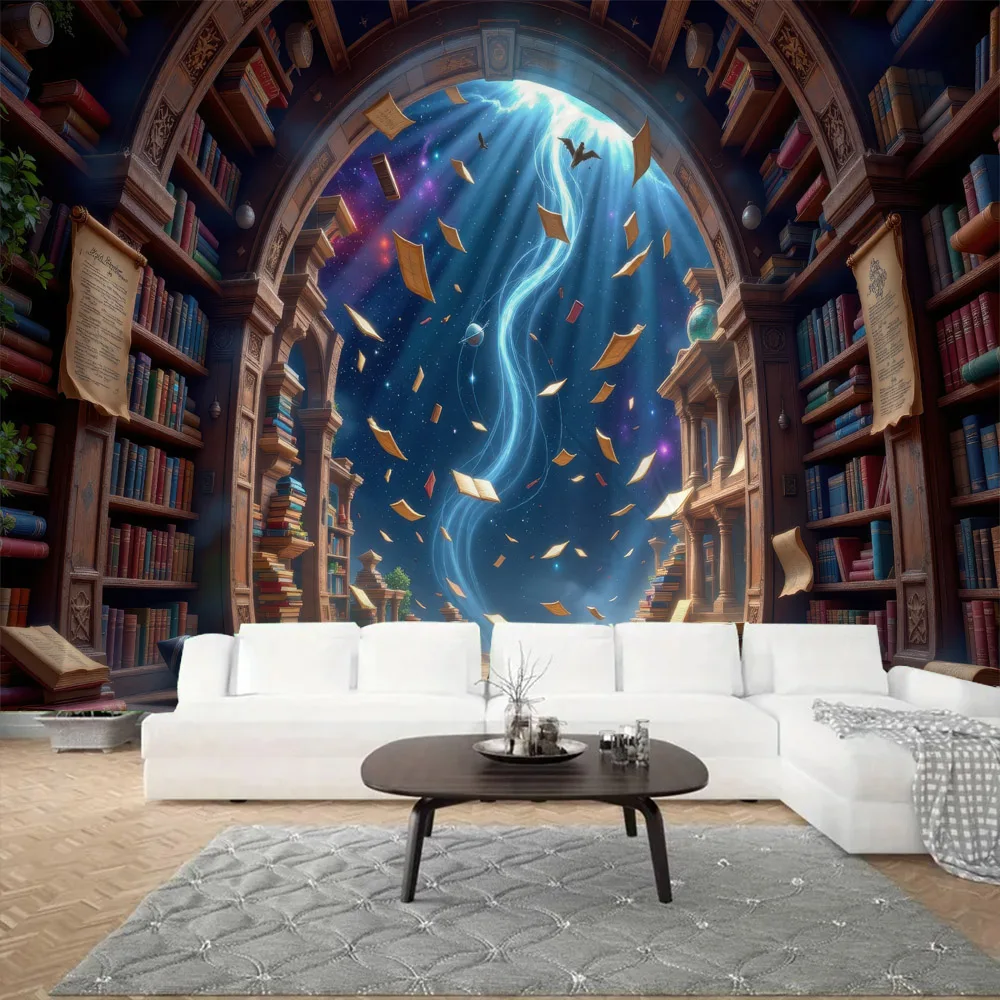Magic Bookshelf Library Tapestry - Multi-Size Multi-Style Fabric Mural Home Decor Living Room Background Poster