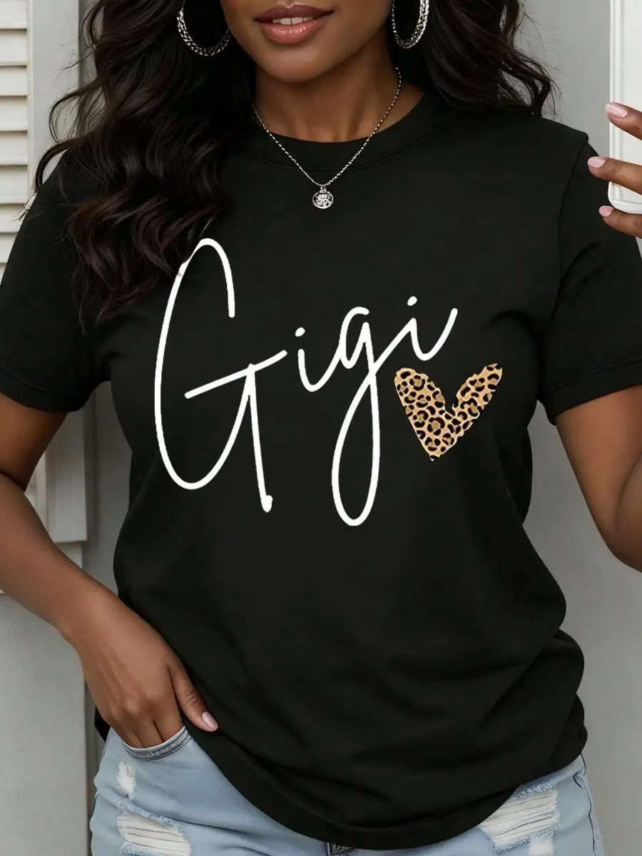 Gigi Leopard Heart Print T-Shirt For Grandmother Family Outings And Casual Wear,Holiday Pattern T-Shirts