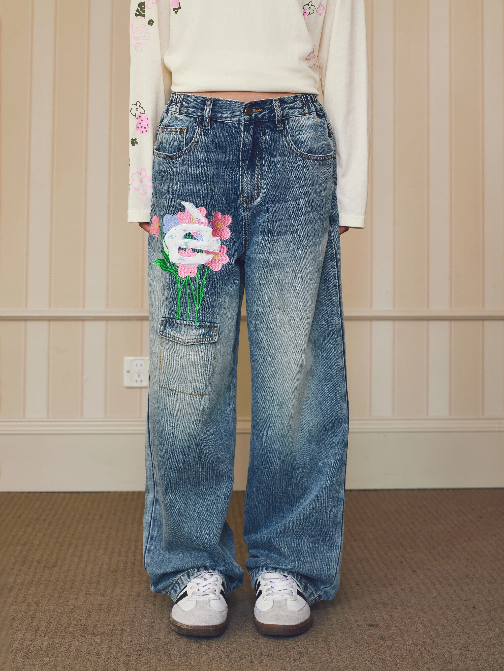 Eeee Design Embroidered Flower Letter Jeans Fake Pocket Elastic Waist Straight Leg Men's Jeans Artmonster Brand