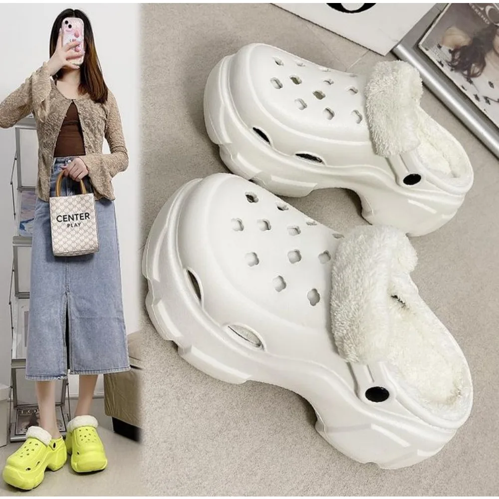 Winter Warm Slippers for Women Platform Home Cotton Shoes Plush Indoor Ladies Outdoor EVA Thick Bottom Mules 7cm High Heel Clogs