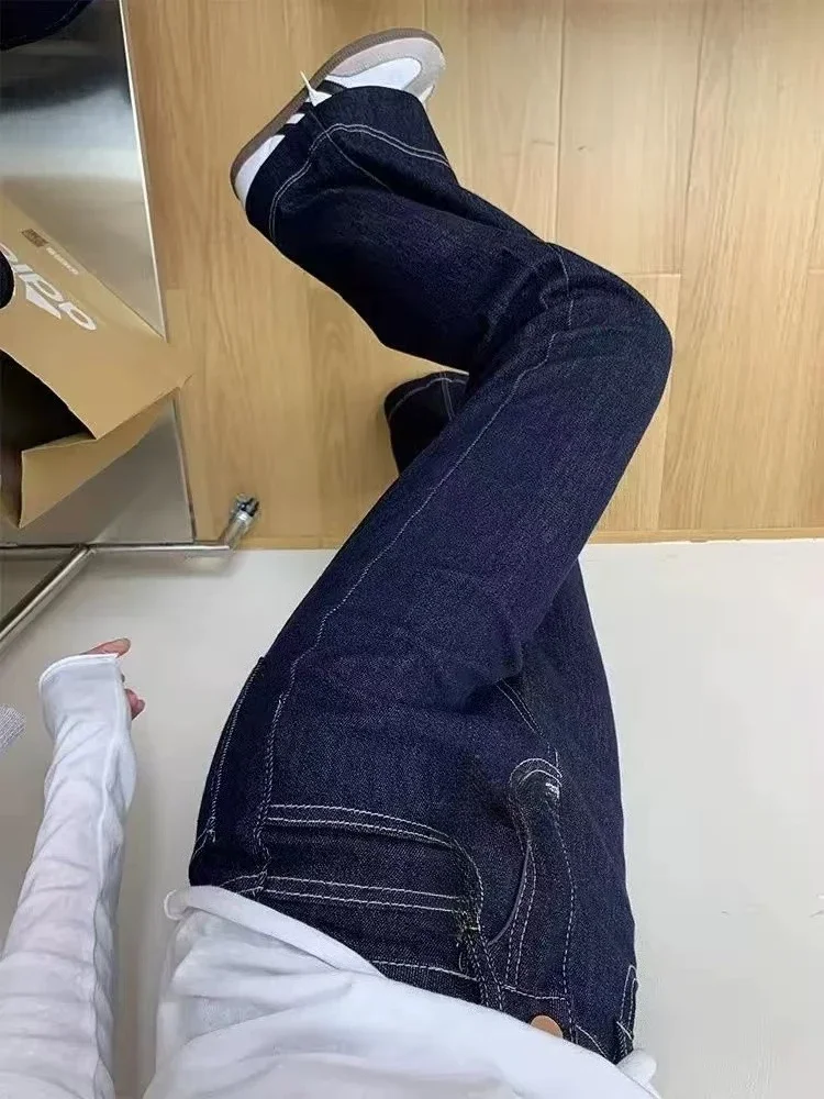 Herfst Lente Rechte Jeans Vrouwen Denim Broek Vintage Denim Broek Mode Vrouwelijke Bule Wijde Pijpen Jeans Casual Broek