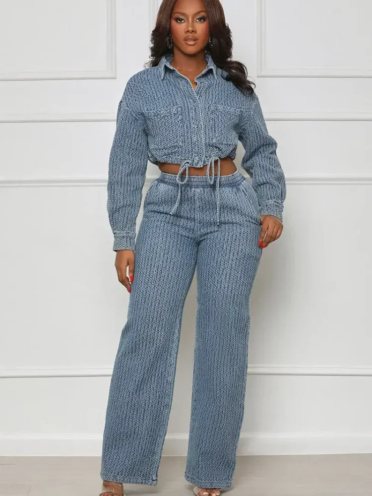 

Washed Denim Top Pant Sets Lapel Lace Up Denim Crop Top Casual High Waist Jeans Sets 2 Piece 2025 Y2k Spring Lady Denim Outfits