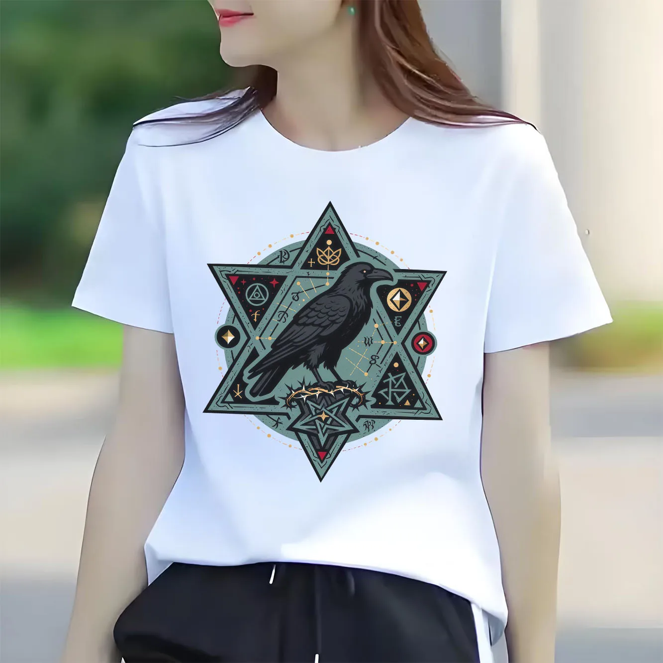 تي شيرت Lucky Oriental Bird Fashion Retro مطبوع بنمط يومي بأكمام قصيرة ورقبة مستديرة تي شيرت نسائي متعدد الاستخدامات #5