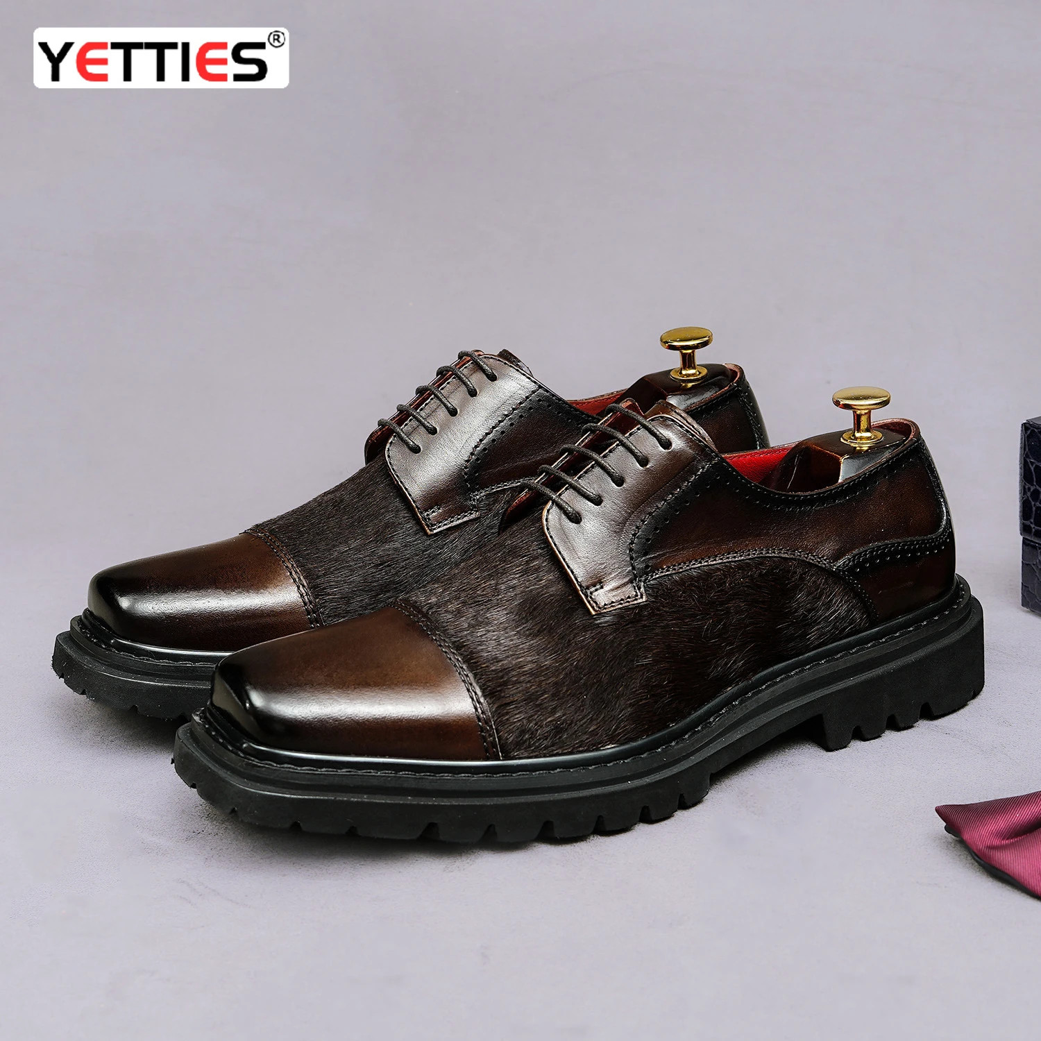 Men Trendy Casual Cap Toe Horsehair Cowhide Leather Lace-Up Dress Shoes Luxury Business Formal Large Size Cross-Border Footwear