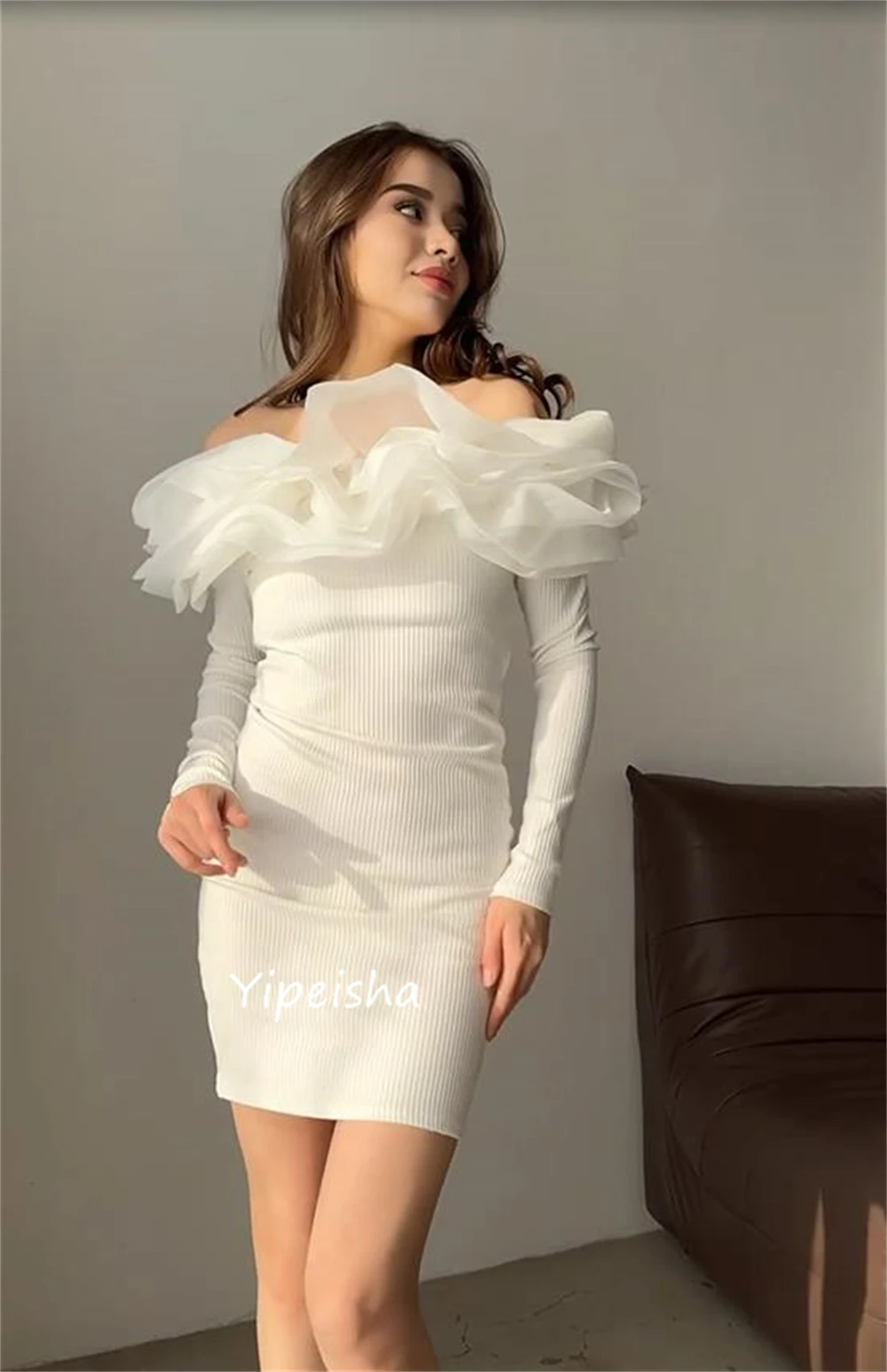 Jiayigong High Quality  Classic Formal Off The Shoulder A-line Tulle Knee-Length Knitting Bespoke Occasion Dresses Evening