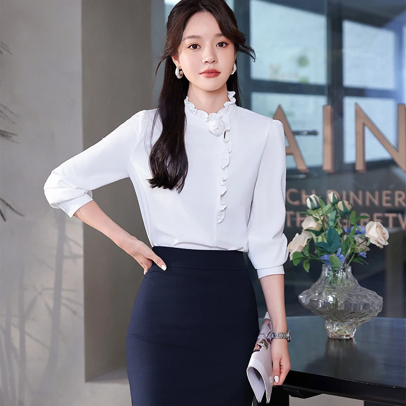 NAVIU Elegant Women Shirt White Long Sleeve Stand Collar Edible Tree Fungus Blouse Office Lady Business Formal Temperament Tops