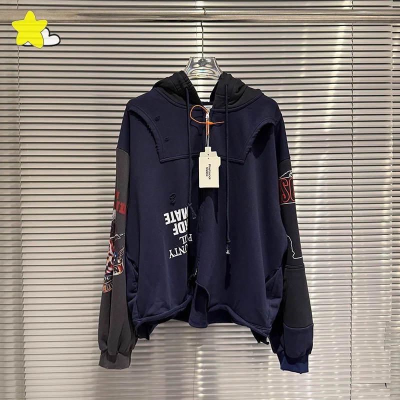 Vintage Navy Blue Damaged Hole Stitching Patchwork Coats Men Women Best Quality Cotton Oversized Protocol Index Zipper Hoodie