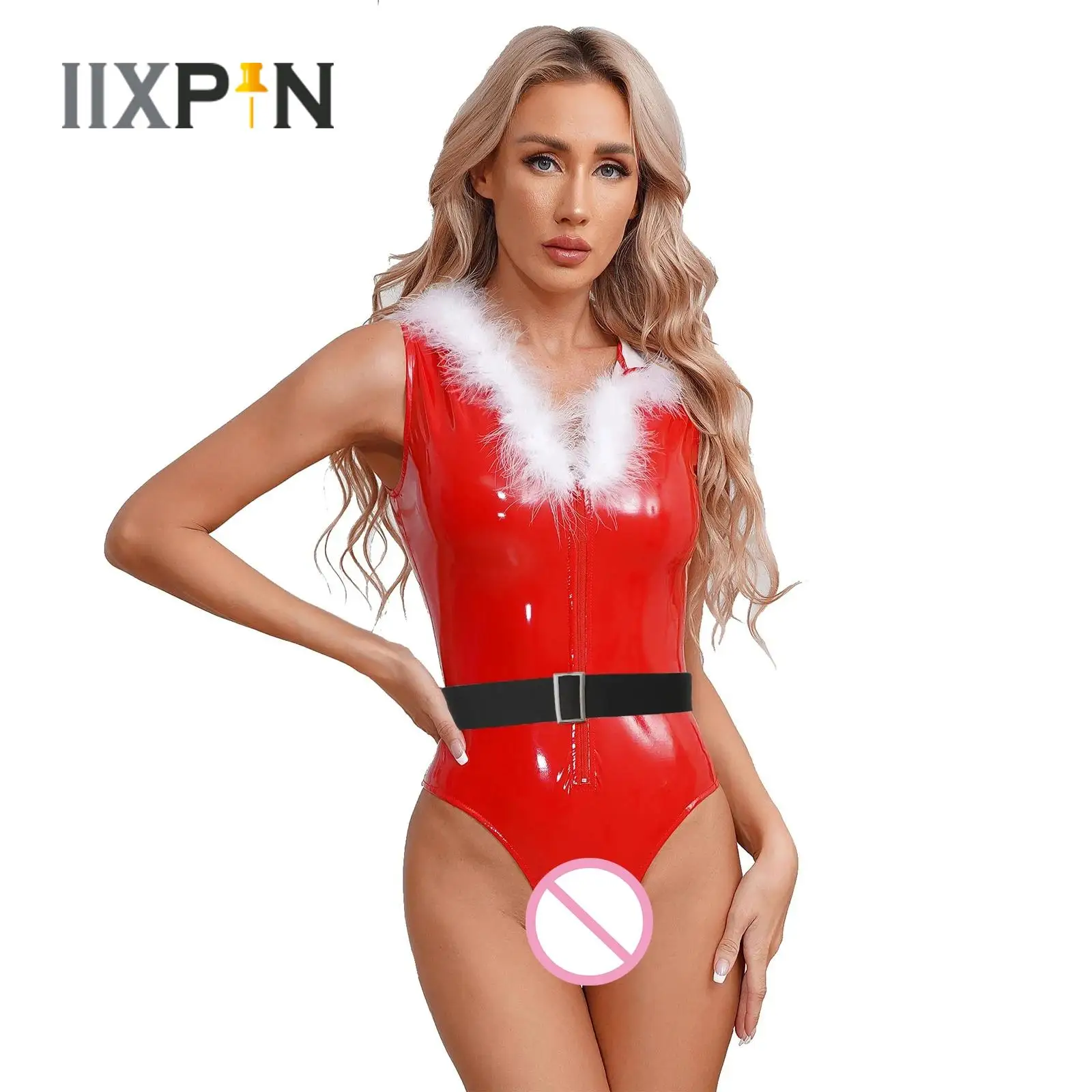 

Womens Xmas Patent Leather Hooded Bodysuit with Belt Feather Trim Wet Look Front Zipper Sleeveless Leotard Christmas Jumpsuit