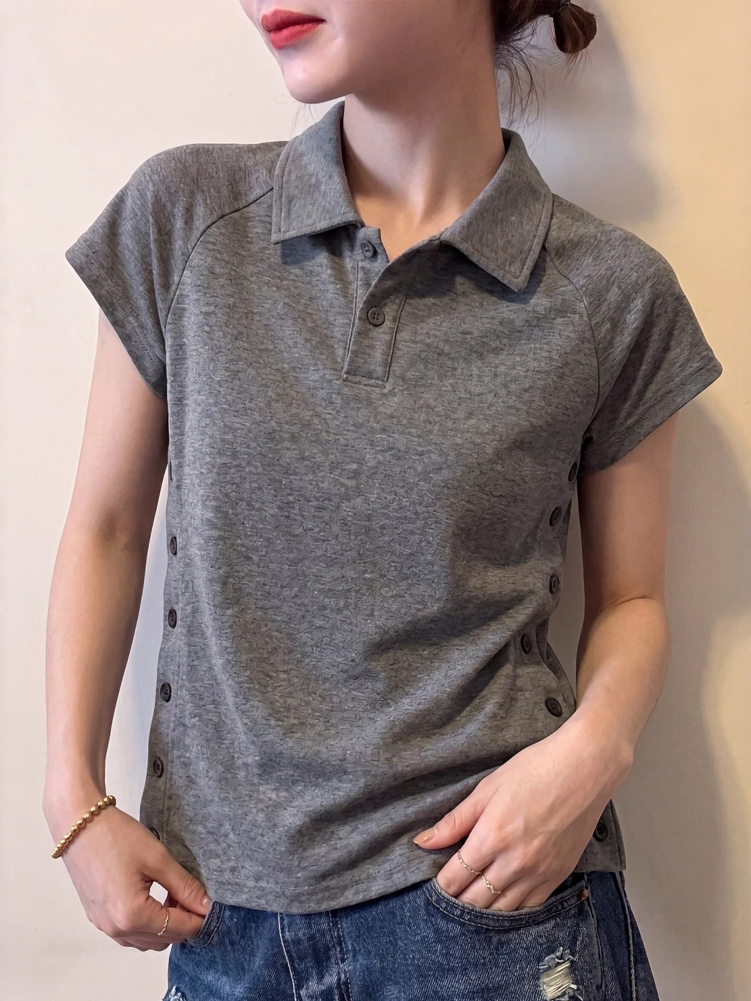 Simple Style Women's  Collar Cotton Short Sleeve T-Shirt Summer Large Size Unique Personality Youthful Top Korean Version