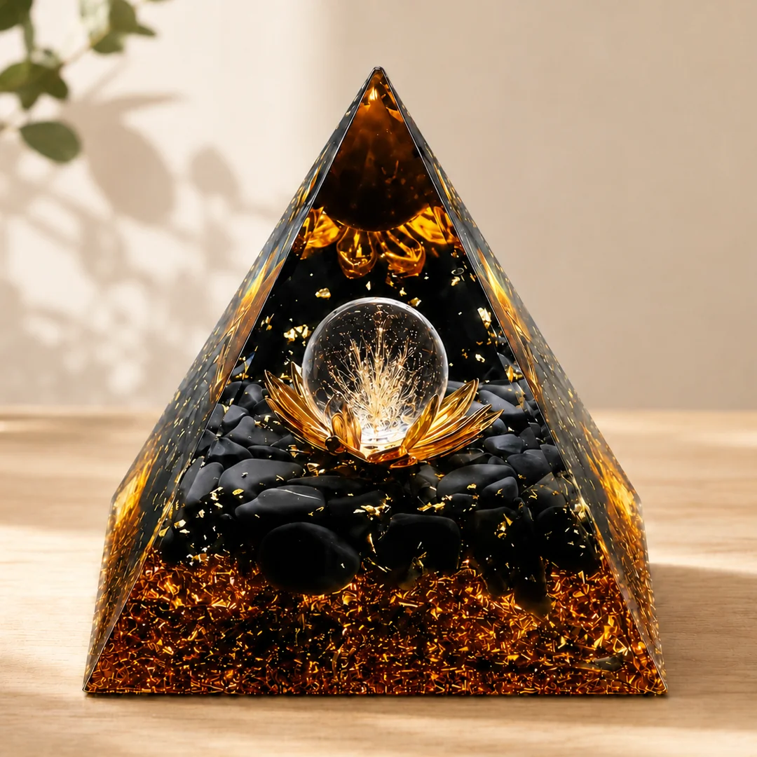 Orgonite Pyramid White Rutilated Quartz Sphere Golden Lotus Obsidian Chakra Healing Meditation Home Desk Decor Resin Craft Gift
