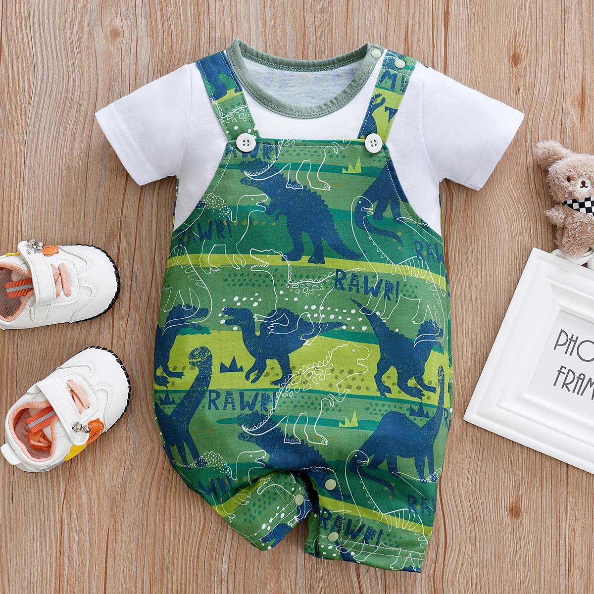 Urnxb-رومبير بأكمام قصيرة مع طبعة ديناصور لحديثي الولادة ، بذلة قطعة واحدة مع حمالة للأولاد من 0 إلى 12 عامًا ، الصيف