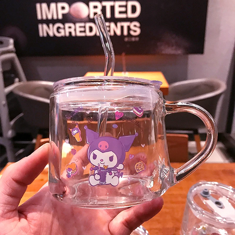 Sanrio Hello Kitty Drinkware Kuromi My Melody Cinnamoroll Cartoon Straw Glass Milk Cup Cute Home Student Cup Milk Breakfast Cup