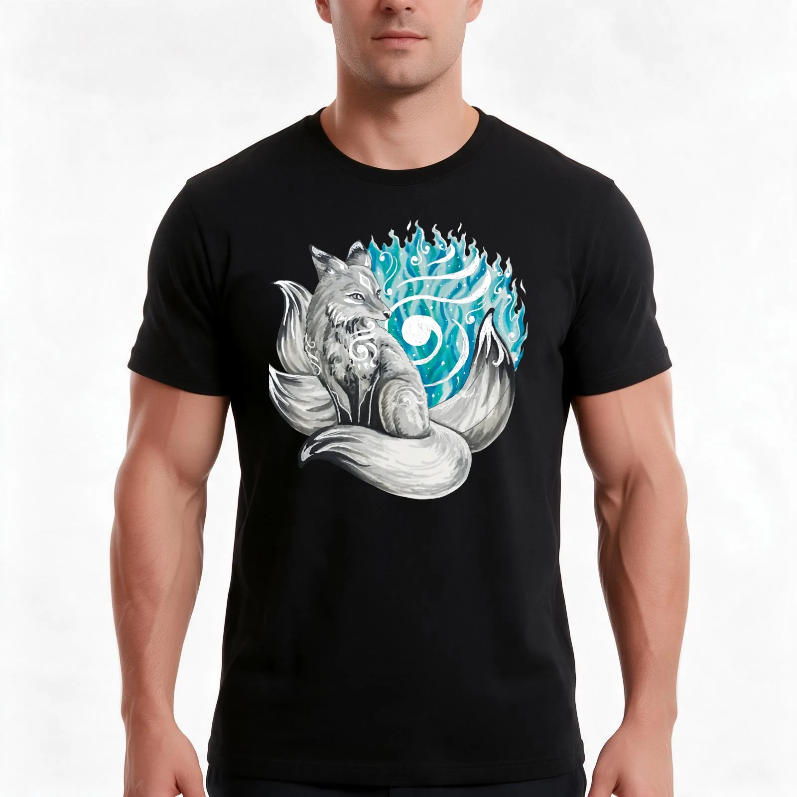 Fox Kitsune with Blue Foxfire T-Shirt, Summer Casual Cotton Tee, Oversized Streetwear Tops, Vintage Graphic Print, 100% Cotton
