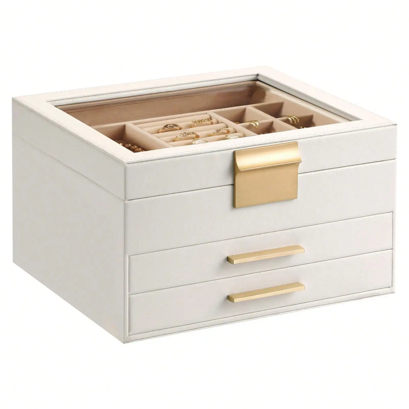 

Органайзер для женщин, 3-слойный ящик для хранения украшений из искусственной кожи с 3 ящиками, белый