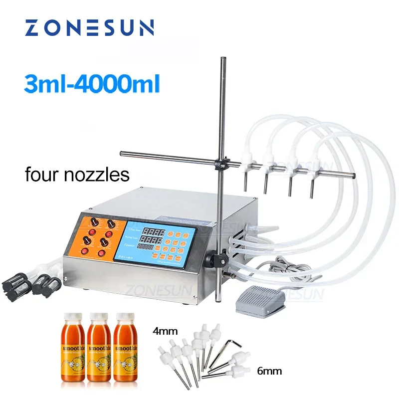 ZONESUN ZS-YTDP4 Полуавтоматическая машина для розлива жидкостей с 4 головками, электрическим цифровым управлением и насосом для воды, соков, масла в бутылки и банки