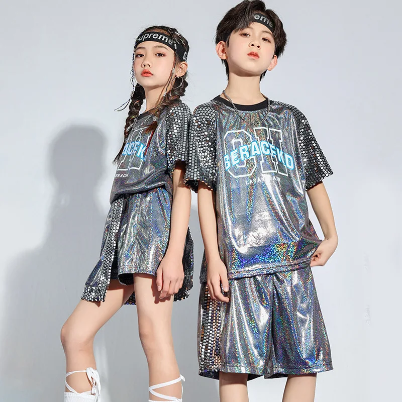 Boys Hip Hop T shirt Girl Jazz Shorts 2 Pcs Set Kids Sequin Shine Street Dance Cheerleading Stage Performance Uniform