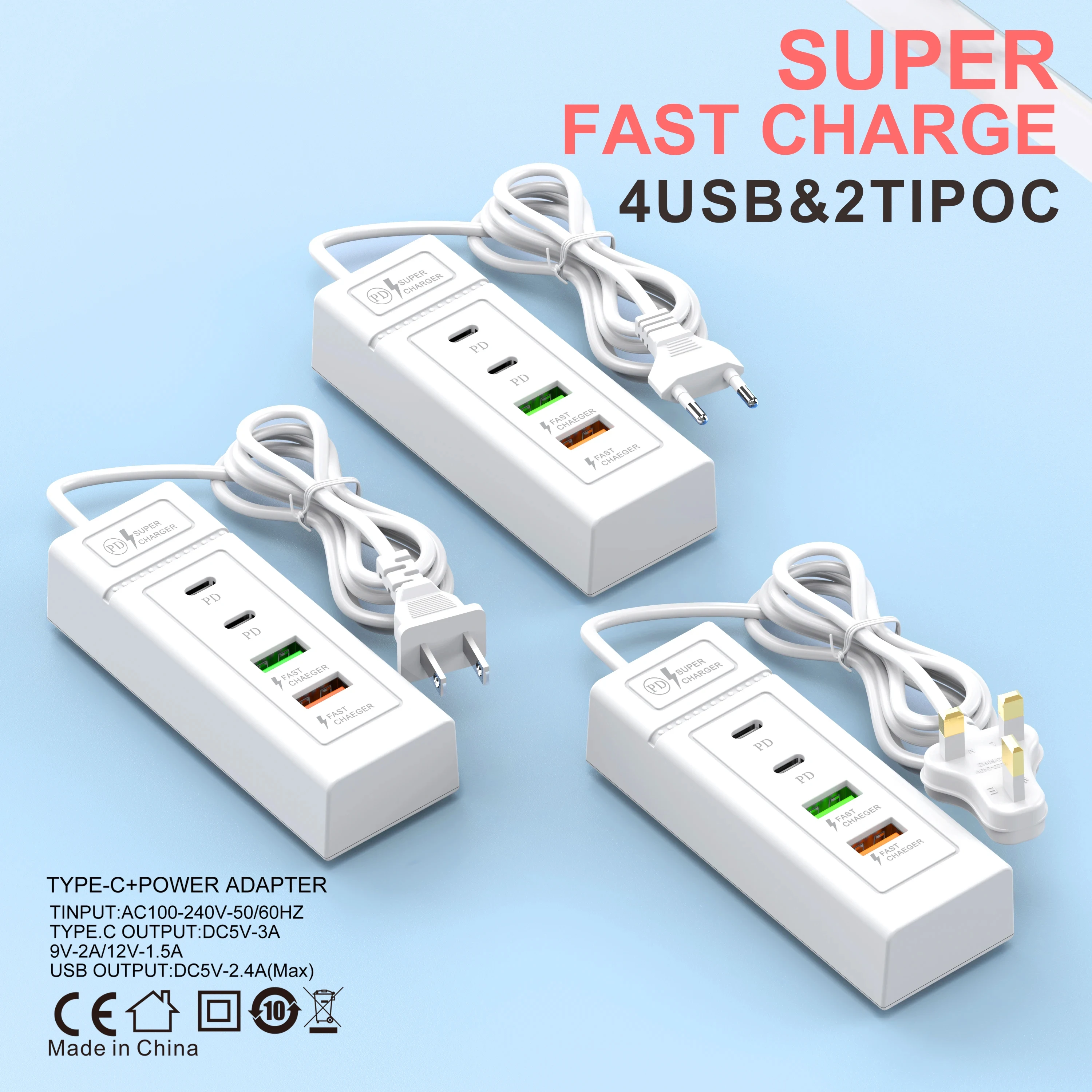 USB Type-C充電器,4ポートUSBハブ,3.0,急速充電,壁の充電,電話アダプター,iPhone, Xiaomi, Samsung,電源コンセント