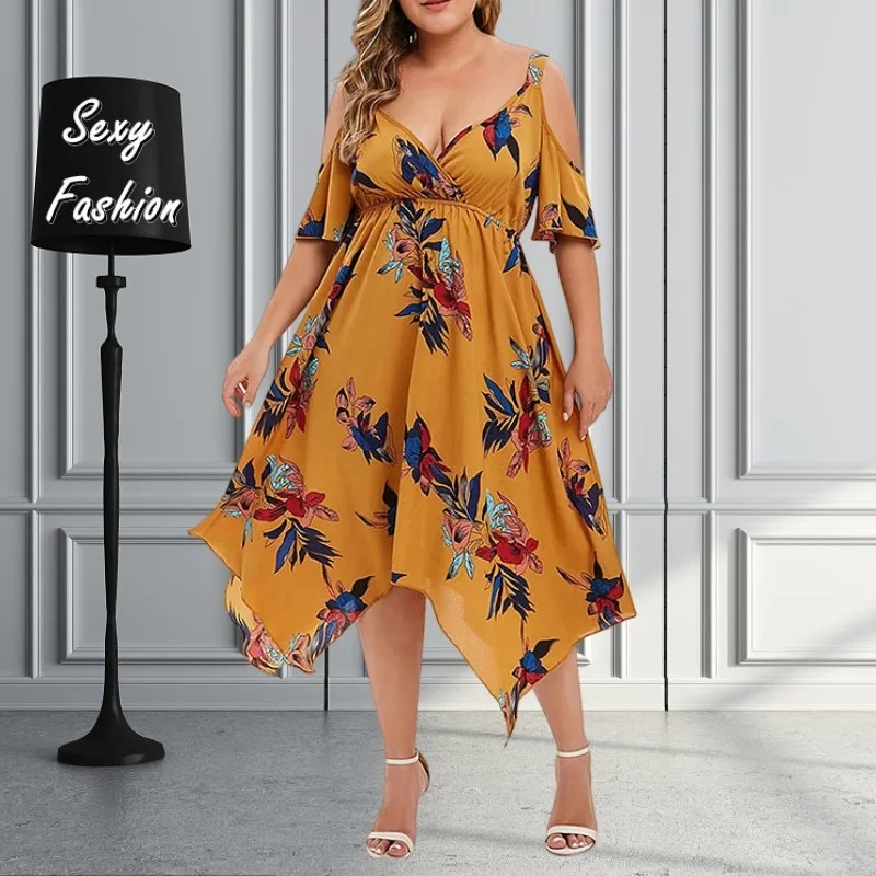 XL-5XL Kleider für Frauen Kleidung plus Größe Halfter hohl Kurzarm Blumen druck Chiffon unregelmäßig lässig elegantes Kleid