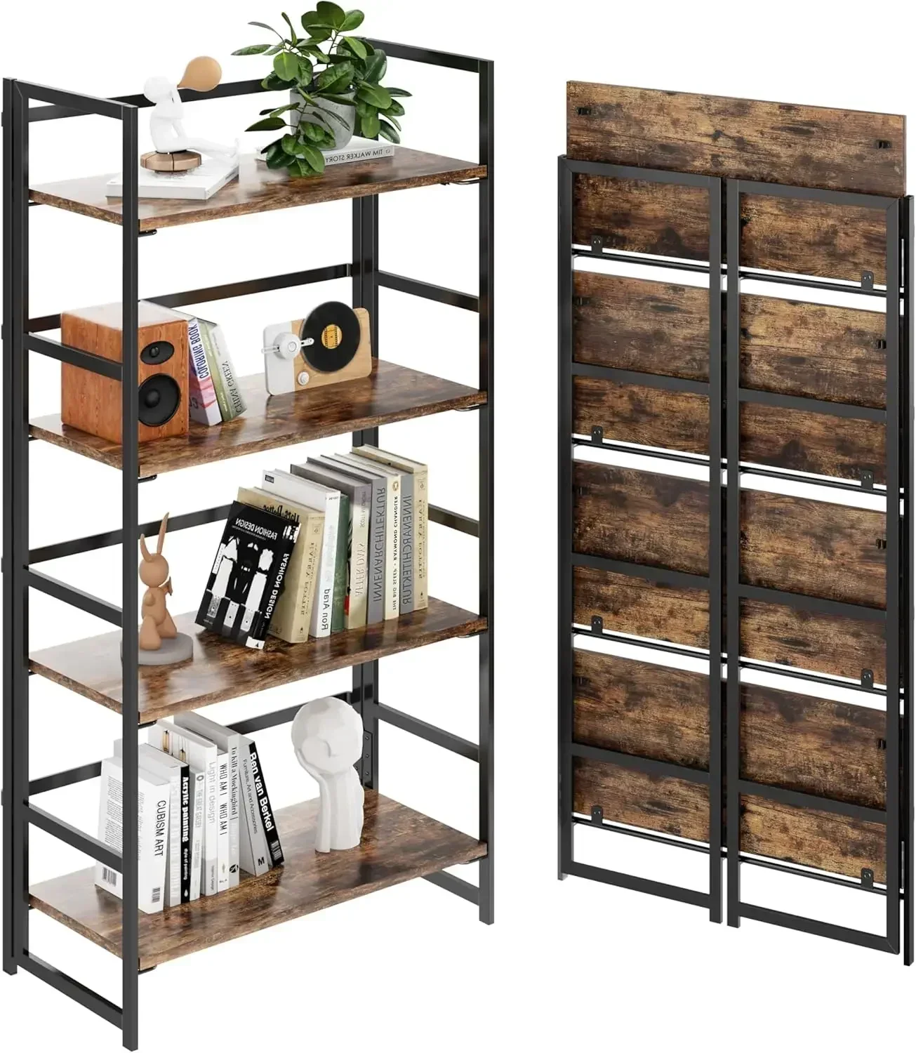 

Vintage Multifunctional Folding Bookshelf, No-Assembly Plant Stand Storage Rack Shelves for Home Office (All White, 4-Tier)