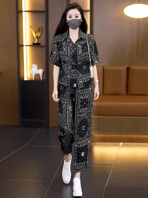 

Ele Faion Print Casual ort Sve irt And Pants Two-Piece Set plus Size Summer Comfortable Polyester Ensemble