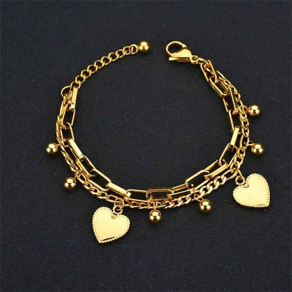316L Stainless Steel New Fashion Upscale Jewelry Bohemia 2 Layer Ball Lovers Love Heart Charm Thick Chain Bracelet For Women