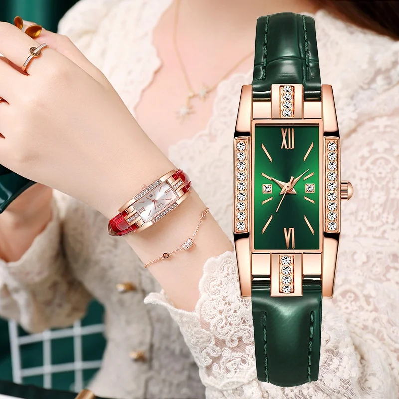 Ladies Business Green  Rectangle Leather Quartz Watch Wholesale Bracelet Red Dial Luxury Women Watches women\'s wristwatch