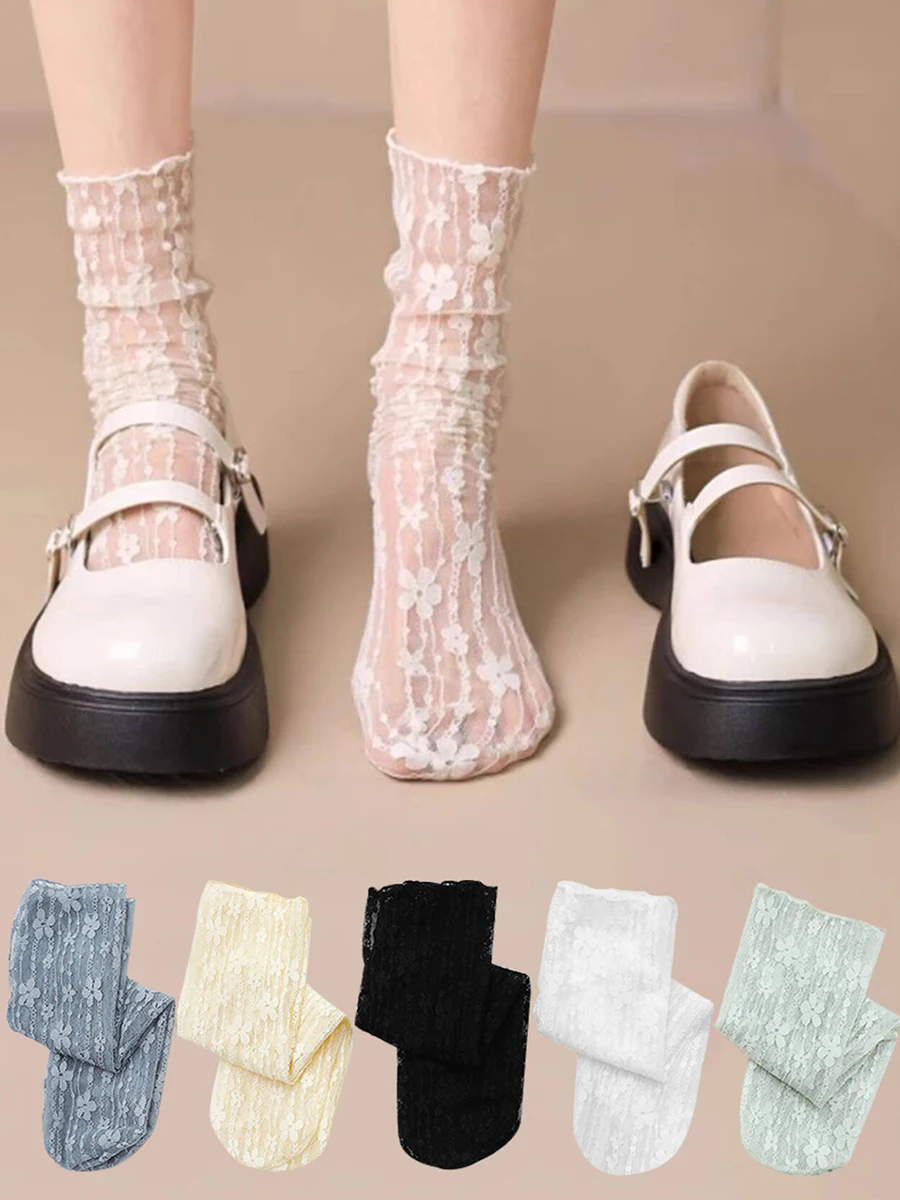 5 Paar Damen-Mittelrohrsocken, Spitze, süßes Blumenmuster, JK Lolita, japanische, aushöhlen, lange Socken, dünn, atmungsaktiv, hochwertige, lose Sox