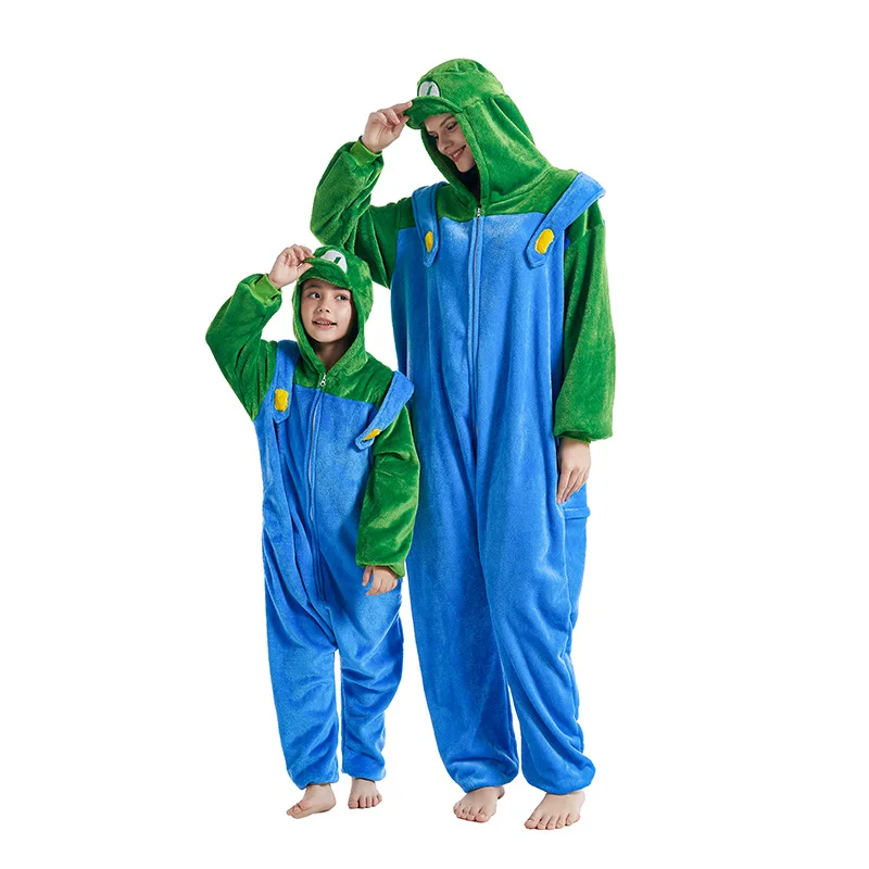 Super Mario Bros Cartoon Children Adult One-piece Pajamas Cute Luigi Homewear Children Warm One-piece Pajamas Christmas Gift