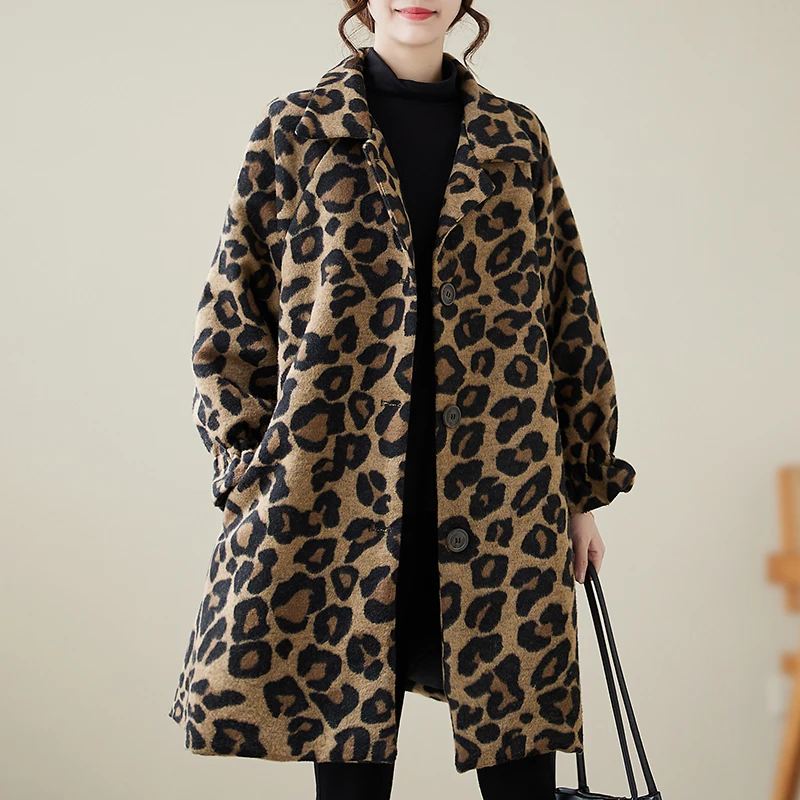 

Women's Mid-Length Woolen Coat Loose Fit Lapel Sle Faionable Leopard Print High-End Autumn Winter Slimming Outerwear