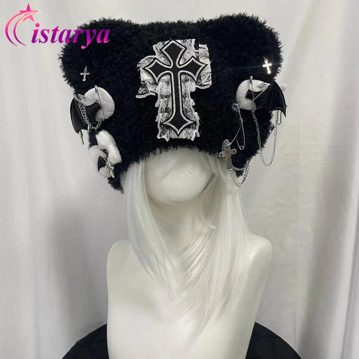 Women Harajuku Gothic Lolita Knitwear Hat Punk Y2K Lace Cross Bone Knitted Beanie Hats Chic Streetwear Grunge Winter Warm Caps