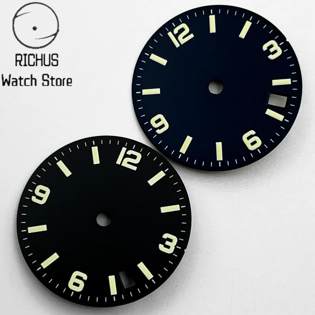 NH35 Sterile 28.6mm Watch Dial Black/Blue 3.8 o\'clock Date Window Green Luminous Automatic Movement Watch Accessories Parts