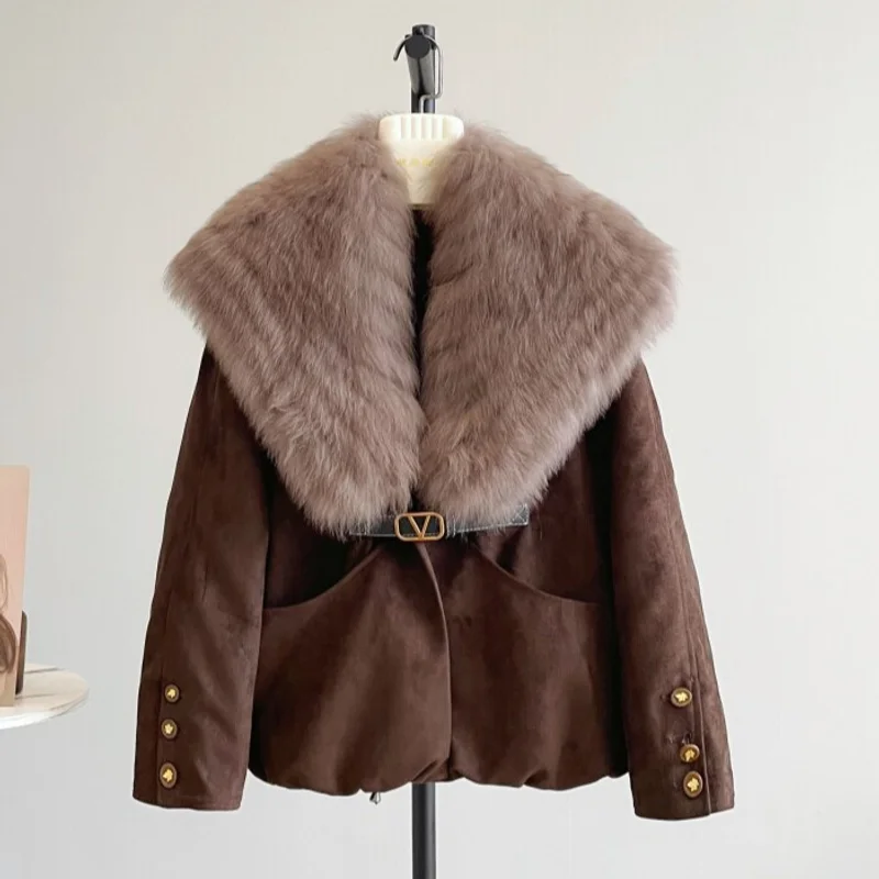 Fox Fur Coat Fur Jacket Women's Thermal Waist Cinching Down Coat Winter Oversized Fluffy Fox Collar Women's Winter Down Jacket