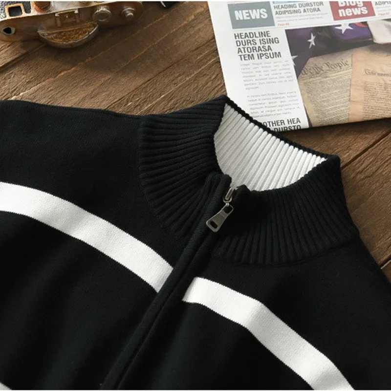 100%Cotton Men's Clothing Sweaters Autumn Winter Half Zipper Turtleneck Stripe Mens Casual  Warm Pullover Knitted High-quality