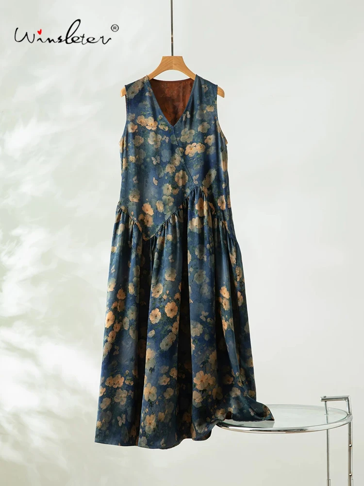 

Winsleter-100%Real Silk Watered Gauze Elegant Vest Dress, V Neck Floral, Women Vacation Party Dresses, 2026 Summer New D65077CC