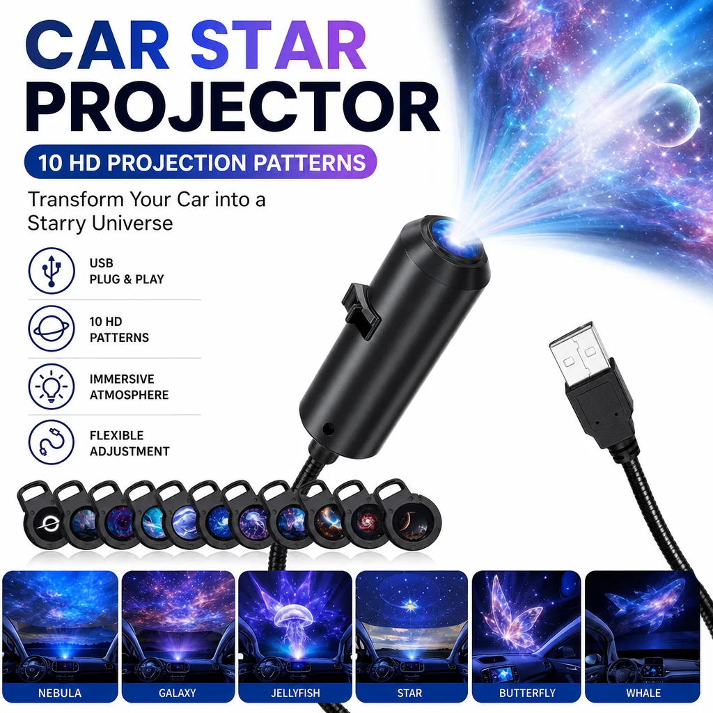 Car Star Projector Galaxy Light USB Plug & Play 10 Patterns Galaxy Astronaut Moon Projection LED Lamp for Car Interior Bedroom