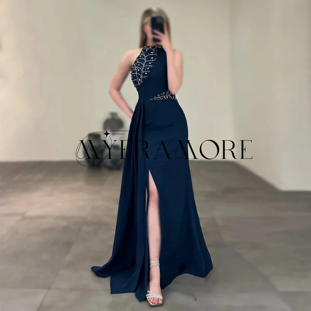Elegant Halter High Neck Evening Dresses Mermaid Beaded Side Slit Pleat Prom Dresses Customized robes de soirée