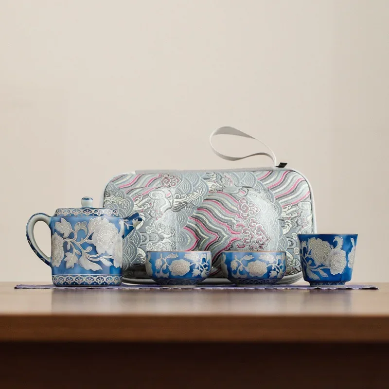 Ru Kiln Teapot Teacup One Pot Three Cups Travel Tea Set Outdoor Camping Portable Kung Fu Tea Set Gift Complete Set Tea Kettle