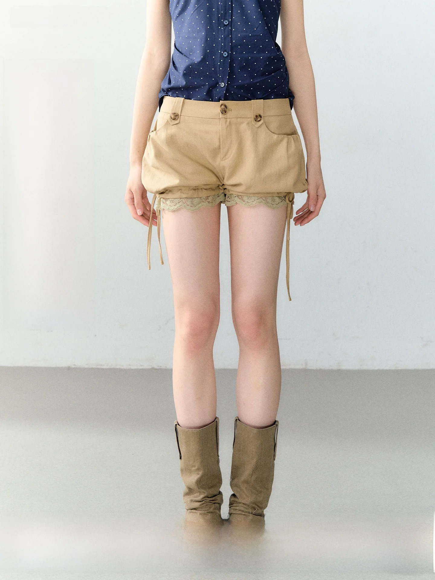 

Soote Season Original Khaki Rayon Vintage Lace Trim Lantern Belted Casual Shorts Women's Loose Fit Natural Waist Button Closure