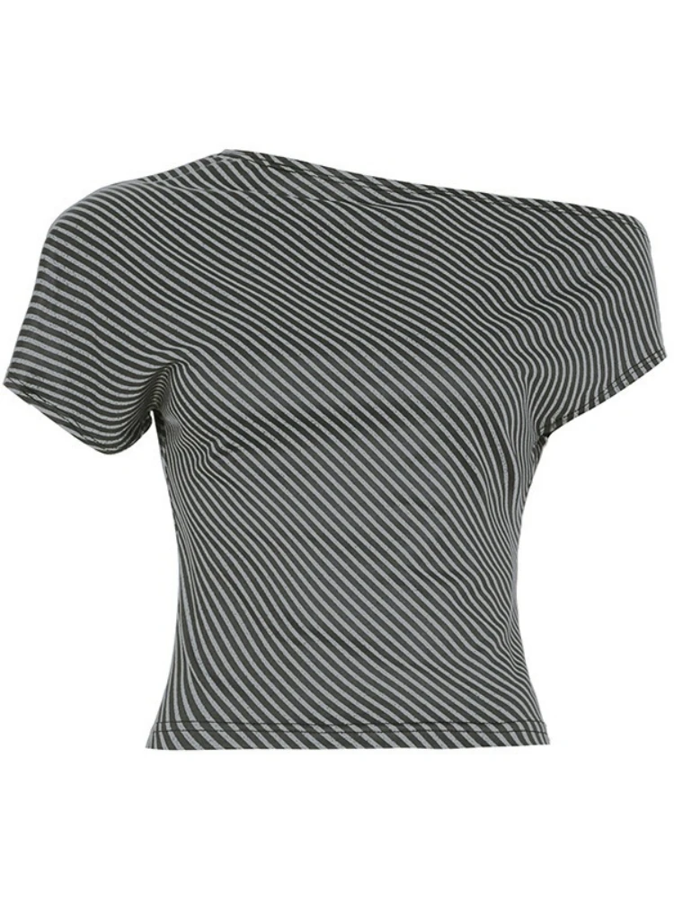 Striped T Shirts For Women Streetwear Inclined Collar Crop Top Y2k Accessories Short Sleeve Grunge Clothes Ropa Mujer Camisetas