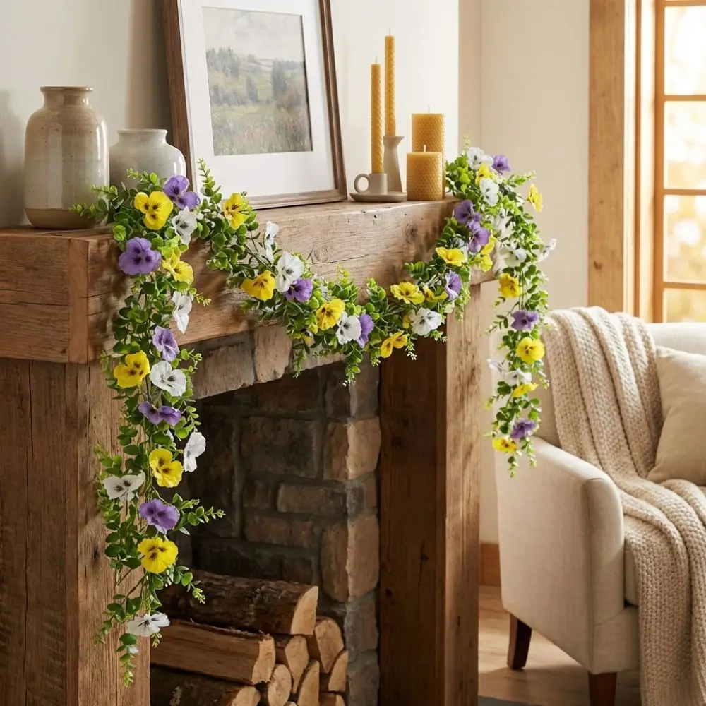 

UV Resistant Artificial Pansy Vines Hanging Flower Wreath Flexible Eucalyptus Leaf Garland Plastic Realistic