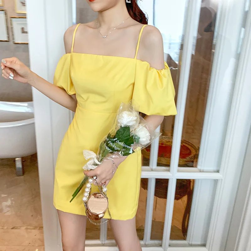 Cold Wind Women's Clothing Design Sense One-word Shoulder Celebrity Bubble Sleeves Off-the-shoulder Suspender Dress Summer