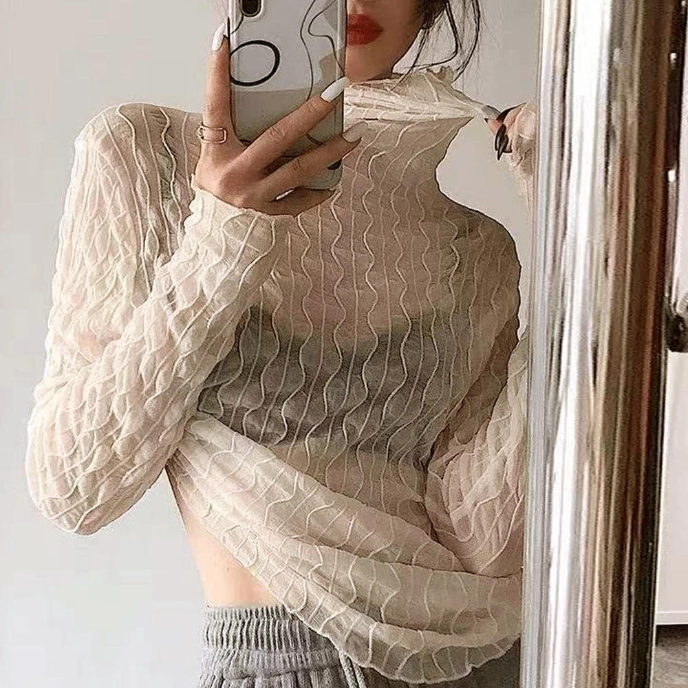 Sexy High Neck Long Sleeve Black T-shirt Women's Club Wear Mesh Shirt Perspective Long Top Slim Fitting Lace Hollow Transparent