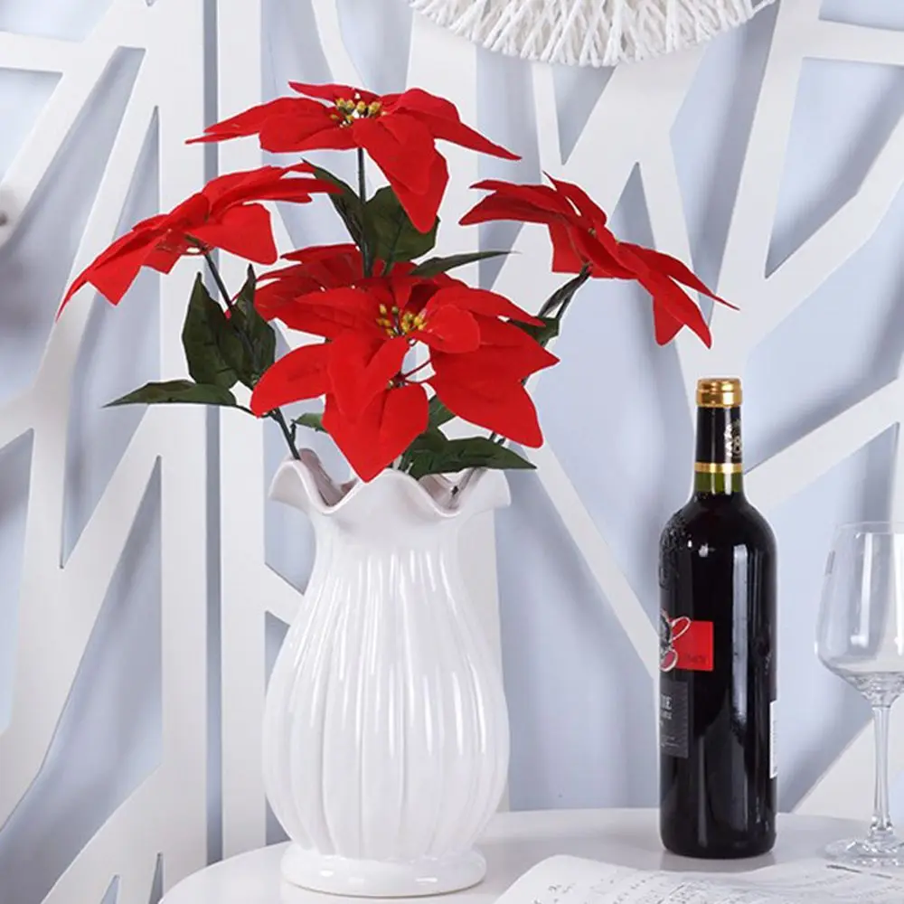 Poinsettia Bushes Artificial Flowers 7 Forks Home Wedding Party Christmas Bouquets False Flower Bouquet Living Room Decoration