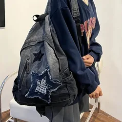 Fashion Star Pattern Denim Backpack Y2K Punk Book Bag Large Capacity Student Schoolbag Students